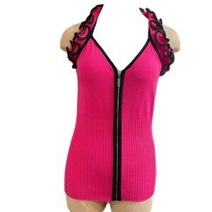 Camille La Vie Pink Black Ruffle Top Size Large